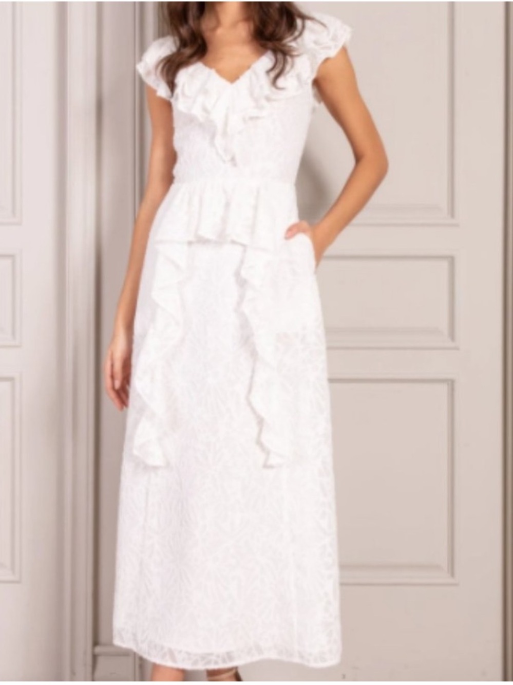 NWT Senlis Size M White Floral Textured Ruffle Maxi Dress Sleeveless Pockets